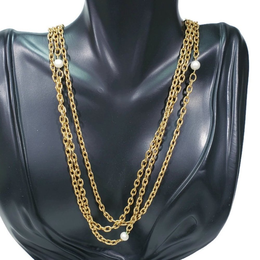 Gold Tone Cable Chain Pearl Necklace 56"